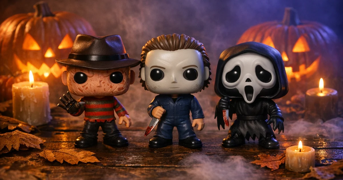 Figuras Funko Pop en una escena de Halloween con calabazas