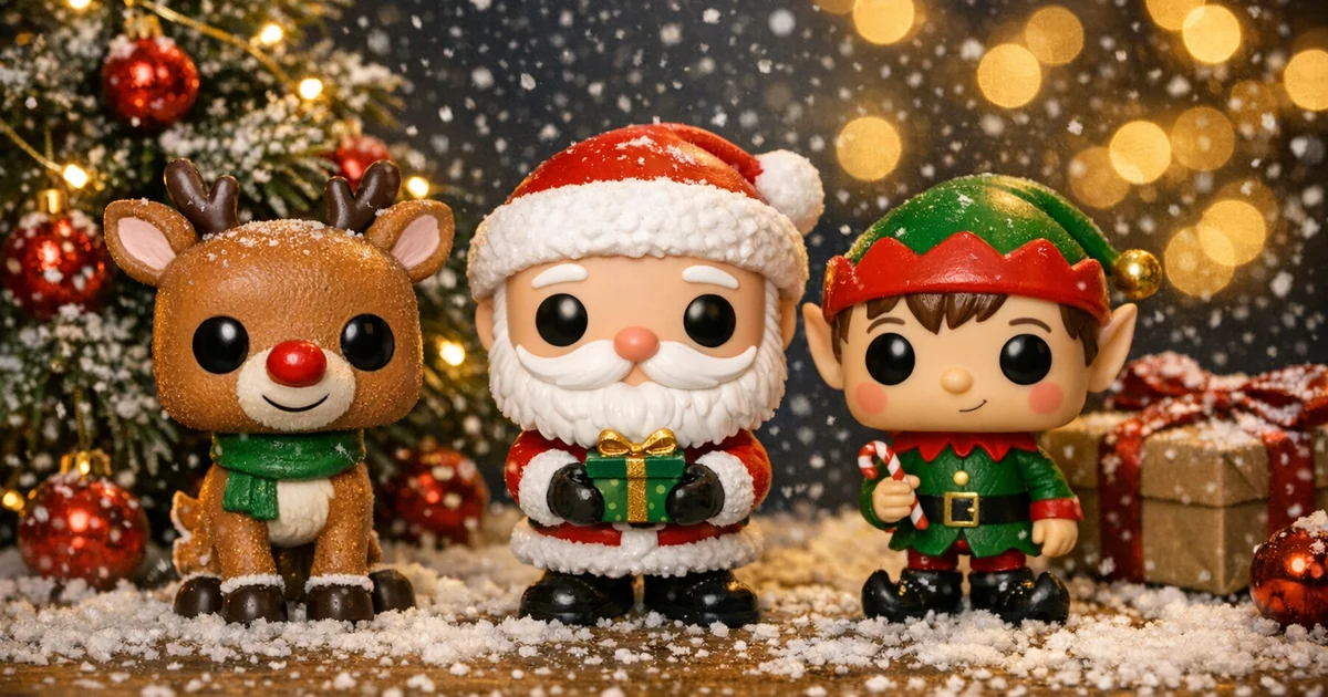 Figuras Funko Pop en una escena navideña con regalos y luces